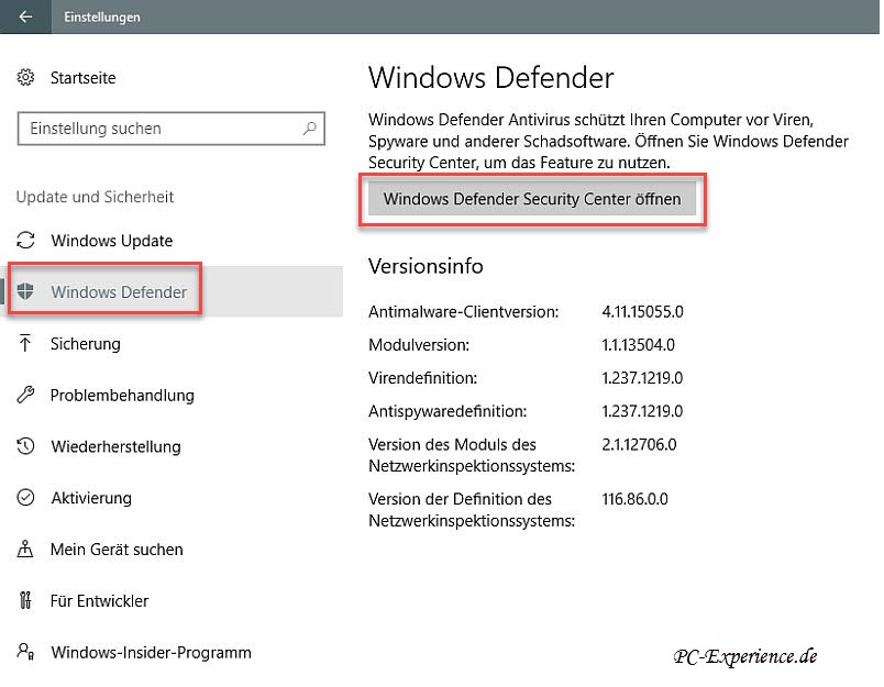 Windows Defender Security Center öffnen