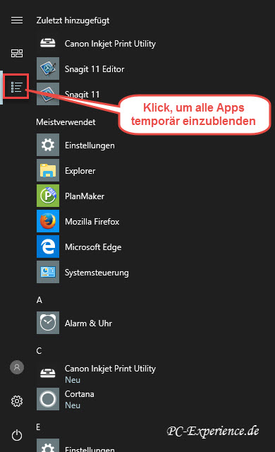 App-Liste temporär einblenden