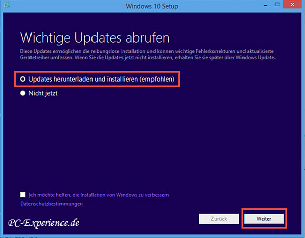 Windows 10 Upgrade mit Medium 1