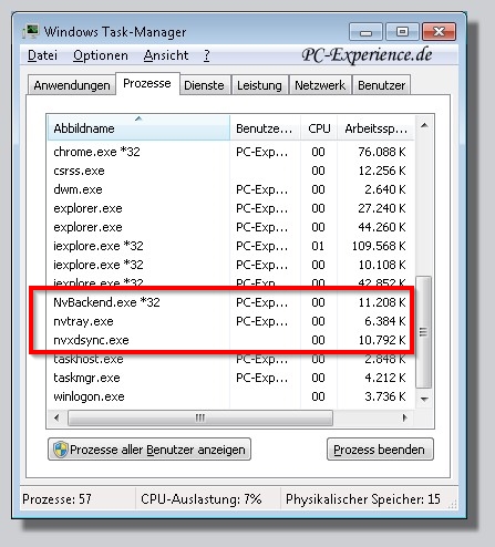 der Taskmanager mit Nvidia Einträgen