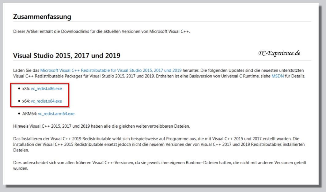 Download-Übersicht bei Microsoft